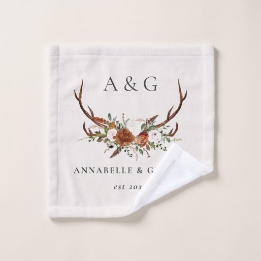 テラコッタセージ緑のスタッグアントラーエレガントフローラ バスタオルセット (ウォッシュタオル)