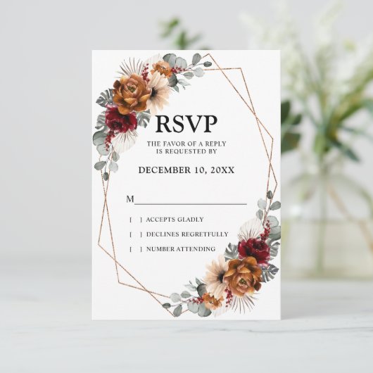 テラコッタセージBurgundyグリーナリー幾何学ウェディング 出欠カード (スタンド正面)