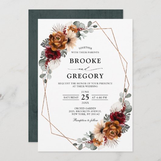 テラコッタセージBurgundyグリーナリー幾何学ウェディング 招待状 (正面/裏面)