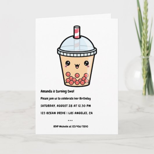 テラコッタタイポグラフィかわいいバブルティー誕生日 招待状 (正面)
