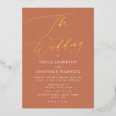 テラコッタダスティオレンジボエレガントホ金ゴールド結婚ズ 箔招待状 (正面)