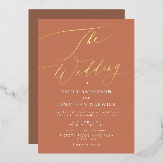 テラコッタダスティオレンジボエレガントホ金ゴールド結婚ズ 箔招待状 (正面/裏面)