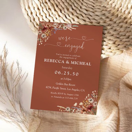 テラコッタチニーワイルドフラワー婚約パーティ 招待状