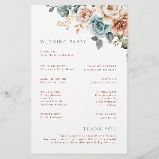 テラコッタティール（緑がかった色）ニュートラルウォーターカラー結婚式 プログラム (裏面)