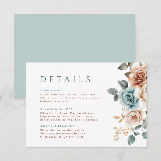 テラコッタティール（緑がかった色）ニュートラルウォーター色結婚フローラ エンクロージャーカード (正面/裏面)