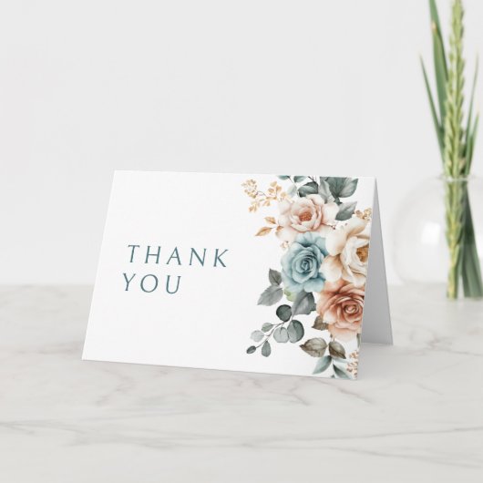 テラコッタティール（緑がかった色）ニュートラルウォーター色結婚フローラ サンキューカード (正面)