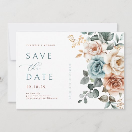 テラコッタティール(緑がかった色)ニュートラルウォーター色結婚フローラ セーブザデート (正面)