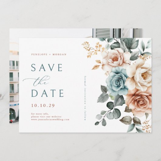 テラコッタティール（緑がかった色）ニュートラルウォーター色結婚フローラ セーブザデート (正面/裏面)