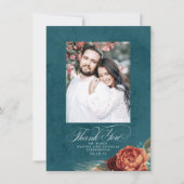 テラコッタティール(緑がかった色)ブルー結婚ズありがとう写真 サンキューカード (正面)