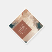 テラコッタティール(緑がかった色)ミスター&ミセスモダンパインタリー結婚ズ スタンダードカクテルナプキン (角)