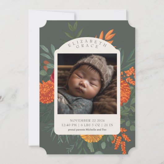 テラコッタティール（緑がかった色）秋フローラ誕生発表 招待状 (正面)