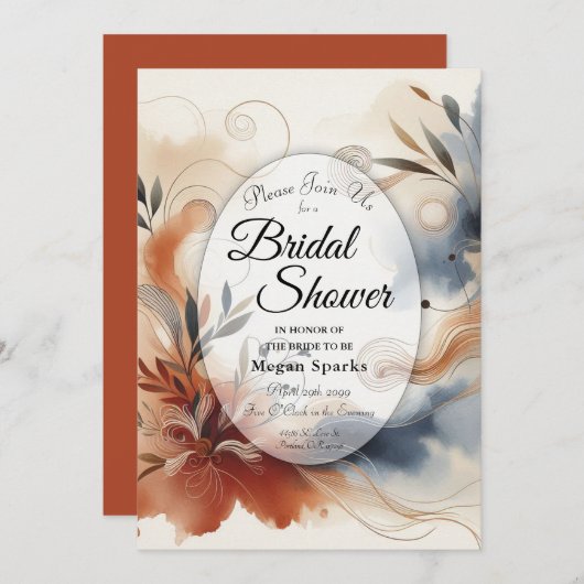 テラコッタトワイライトアンドネイビー開花ブライダルシャワー 招待状 (正面/裏面)