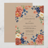 テラコッタネイビーの豊かな秋の結婚式 招待状 (正面/裏面)