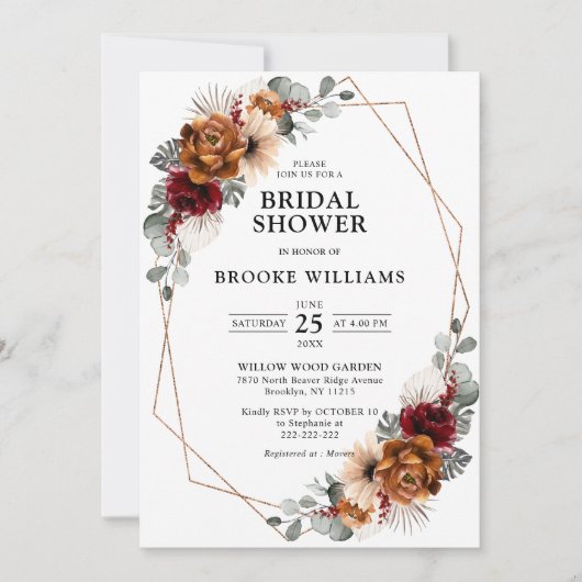 テラコッタネイビーグリーナリージオメトリックブライダルシャワー 招待状 (正面)