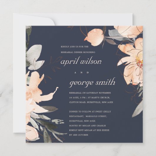 テラコッタネイビーフローラリハーサルディナー招待状 サンキューカード (正面)