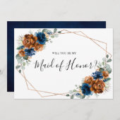 テラコッタネイビーブルーが私のメイド・オブ・オーナー(花嫁付き添い人) 招待状 (正面/裏面)