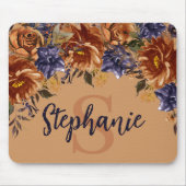 テラコッタネイビーブルーウォーター色フローラモノグラム マウスパッド (正面)