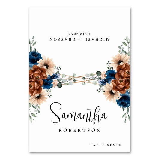 テラコッタネイビーブルーグリーナリージオメトリックゲスト名 テーブルナンバー (正面)