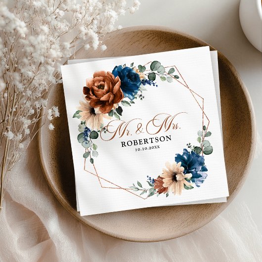 テラコッタネイビーブルーグリーナリージオメトリック結婚ス スタンダードカクテルナプキン