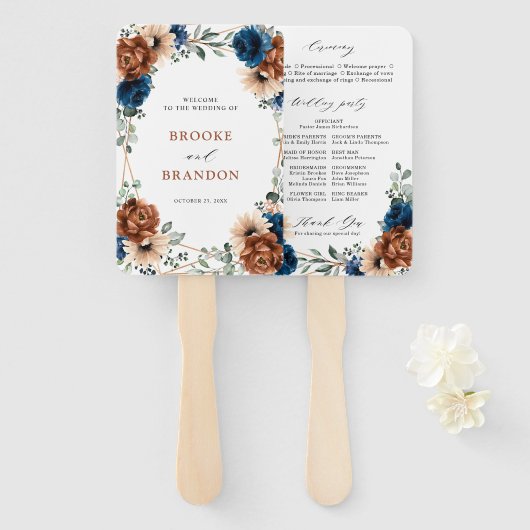 テラコッタネイビーブルーグリーナリージオメトリック結婚ス ハンドファン (正面&裏面)