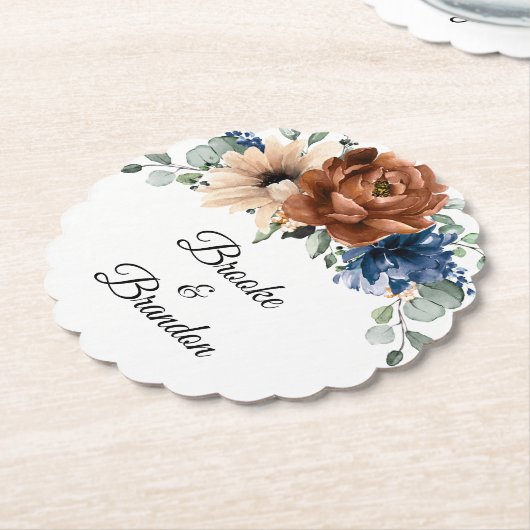 テラコッタネイビーブルーグリーナリージオメトリック結婚ス ペーパーコースター (アングル)