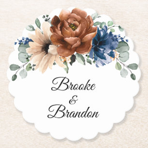 テラコッタネイビーブルーグリーナリージオメトリック結婚ス ペーパーコースター