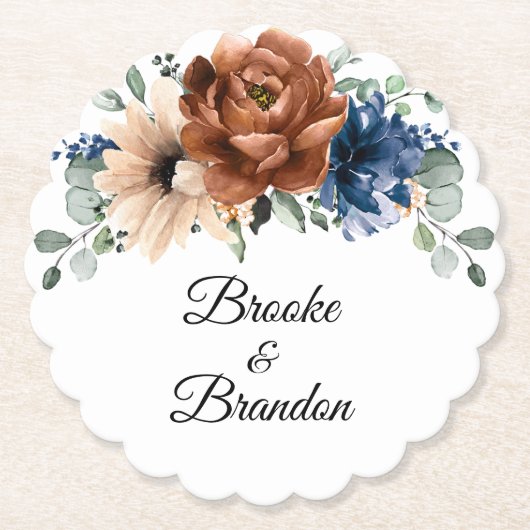 テラコッタネイビーブルーグリーナリージオメトリック結婚ス ペーパーコースター (正面)