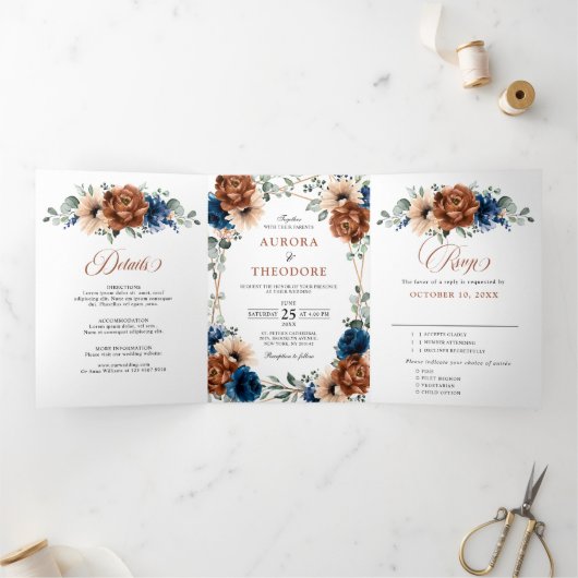 テラコッタネイビーブルーグリーナリージオメトリック結婚ス 三つ折り案内状 (内部)