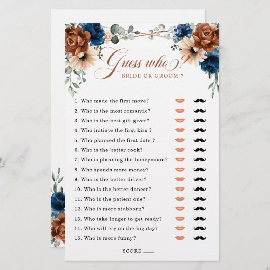 テラコッタネイビーブルーグリーンリーブライダルシャワーゲーム (正面/裏面)