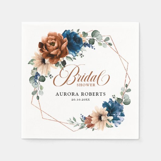 テラコッタネイビーブルーグリーンリーブライダルシャワー スタンダードカクテルナプキン (正面)