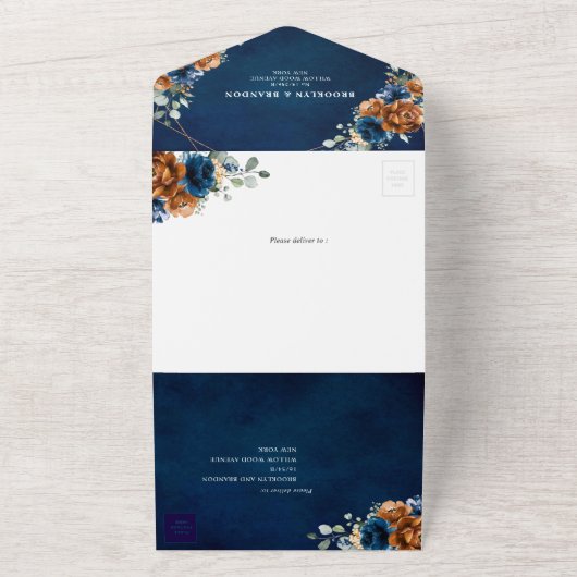 テラコッタネイビーブルーグリーン結婚リージオメトリックAl オールインワン招待状 (外側)