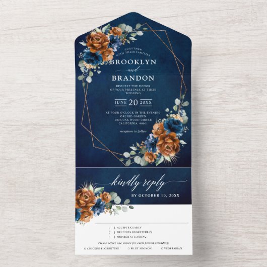 テラコッタネイビーブルーグリーン結婚リージオメトリックAl オールインワン招待状 (内側)