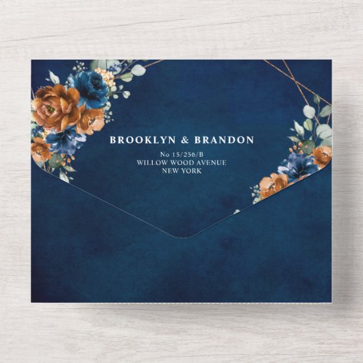 テラコッタネイビーブルーグリーン結婚リージオメトリックAl オールインワン招待状 (裏面)