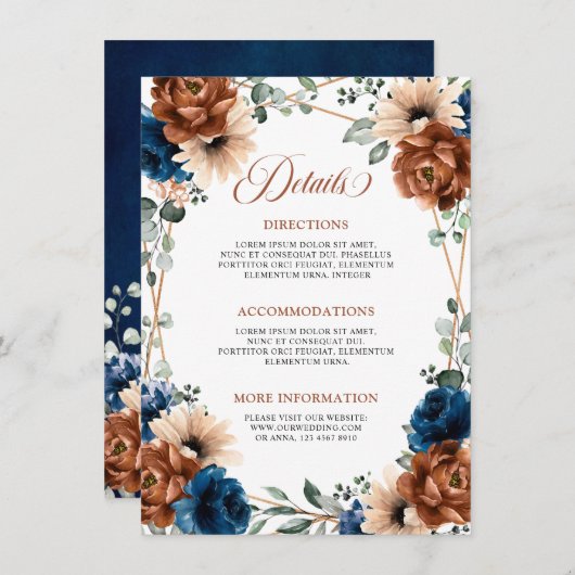 テラコッタネイビーブルーグリーン結婚リー詳細 エンクロージャーカード (正面/裏面)