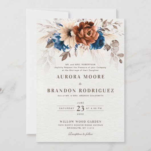 テラコッタネイビーブルーパンパスグラスボタニックウェディング 招待状 (正面)