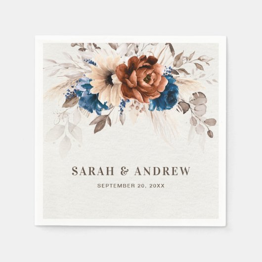 テラコッタネイビーブルーパンパスグラス素朴ズ結婚ズ スタンダードカクテルナプキン (正面)