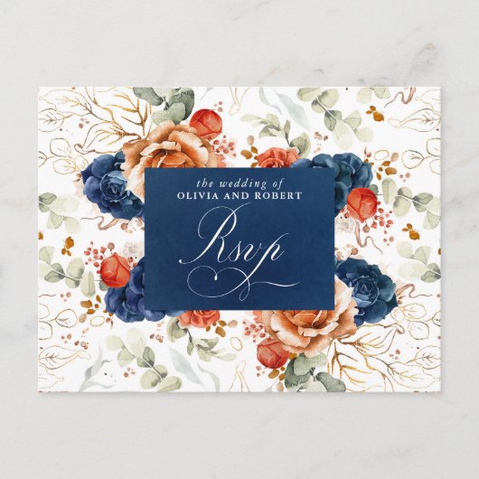 テラコッタネイビーブルーフラワーウェディングRSVP ポストカード (正面)