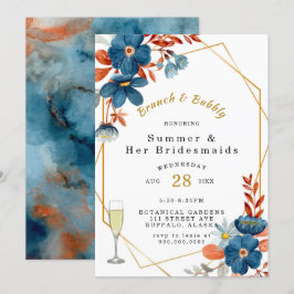 テラコッタネイビーブルーフローラブランチ&バブリー 招待状