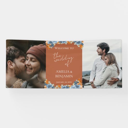 テラコッタネイビーブルーラスト結婚フォトへようこそ 横断幕 (横)