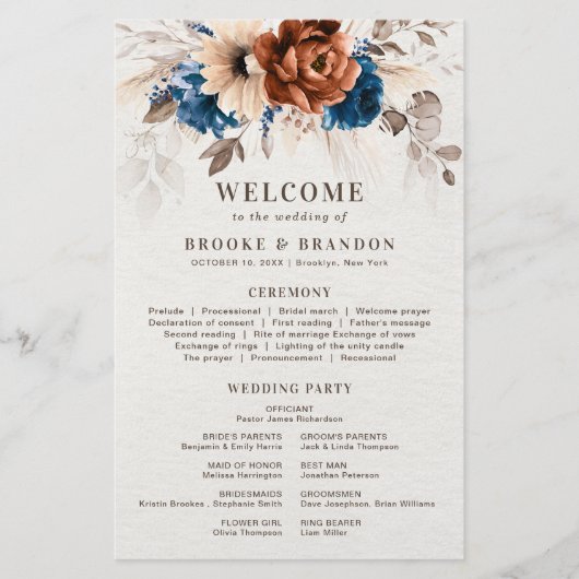 テラコッタネイビーブルー結婚式 プログラム付きメニュー (正面)