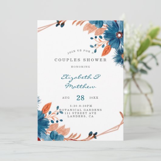 テラコッタネイビーブルー花模様カップルシャワー 招待状 (スタンド正面)