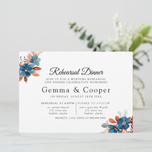 テラコッタネイビーブルー花模様リハーサルディナー 招待状 (スタンド正面)