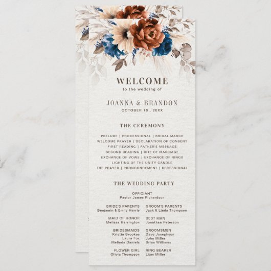 テラコッタネイビー結婚ブルーのプログラム付きメニュー プログラム (正面/裏面)