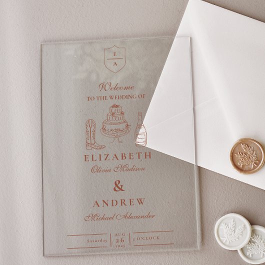 テラコッタハンドドローファンキードウェスタンドードル結婚ズ アクリル招待状