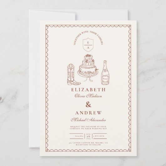 テラコッタハンドドローファンキードウェスタンドードル結婚ズ 招待状 (正面)