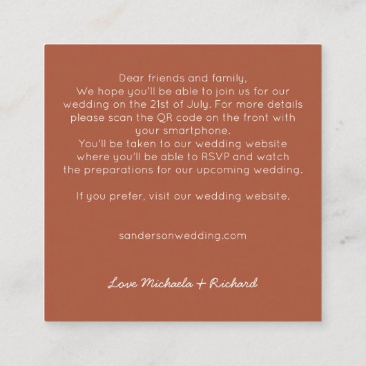 テラコッタバジェットQRコード結婚式招待状 スクエア名刺 (裏面)