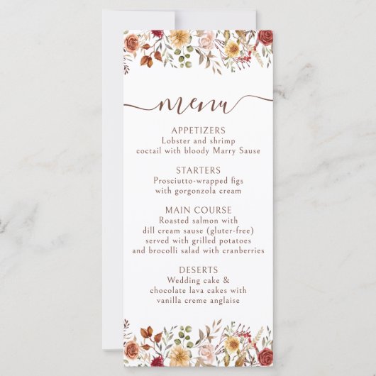テラコッタバーガンディーフローラルウェディングメニューカード (正面)