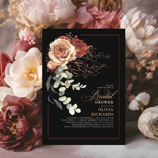 テラコッタバーンオレンジフローラブラックブライダルシャワー 招待状