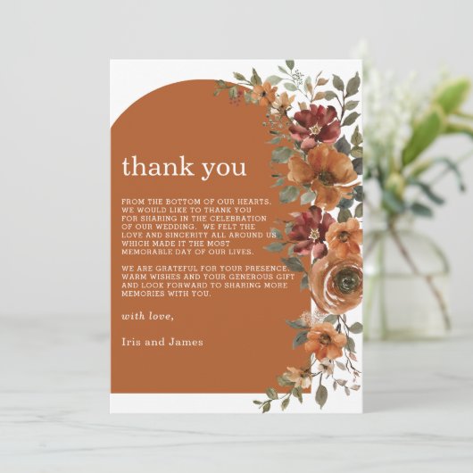 テラコッタバーンオレンジラストフローラ秋の結婚式 サンキューカード (スタンド正面)