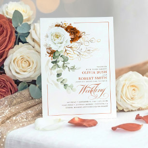 テラコッタバーンオレンジ&ホワイトフローラ結婚ズ 招待状